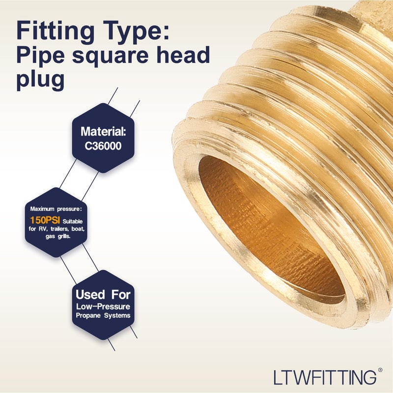 LTWFITTING Brass Pipe Square Head Plug Fittings 1/2 Inch Male NPT Air Fuel Water Boat(Pack of 10) - Image 3